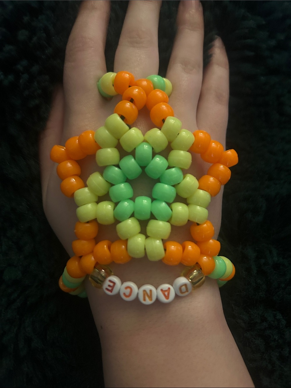 Homemade Kandi Star Bead Bracelet in Orange, Lime & Green